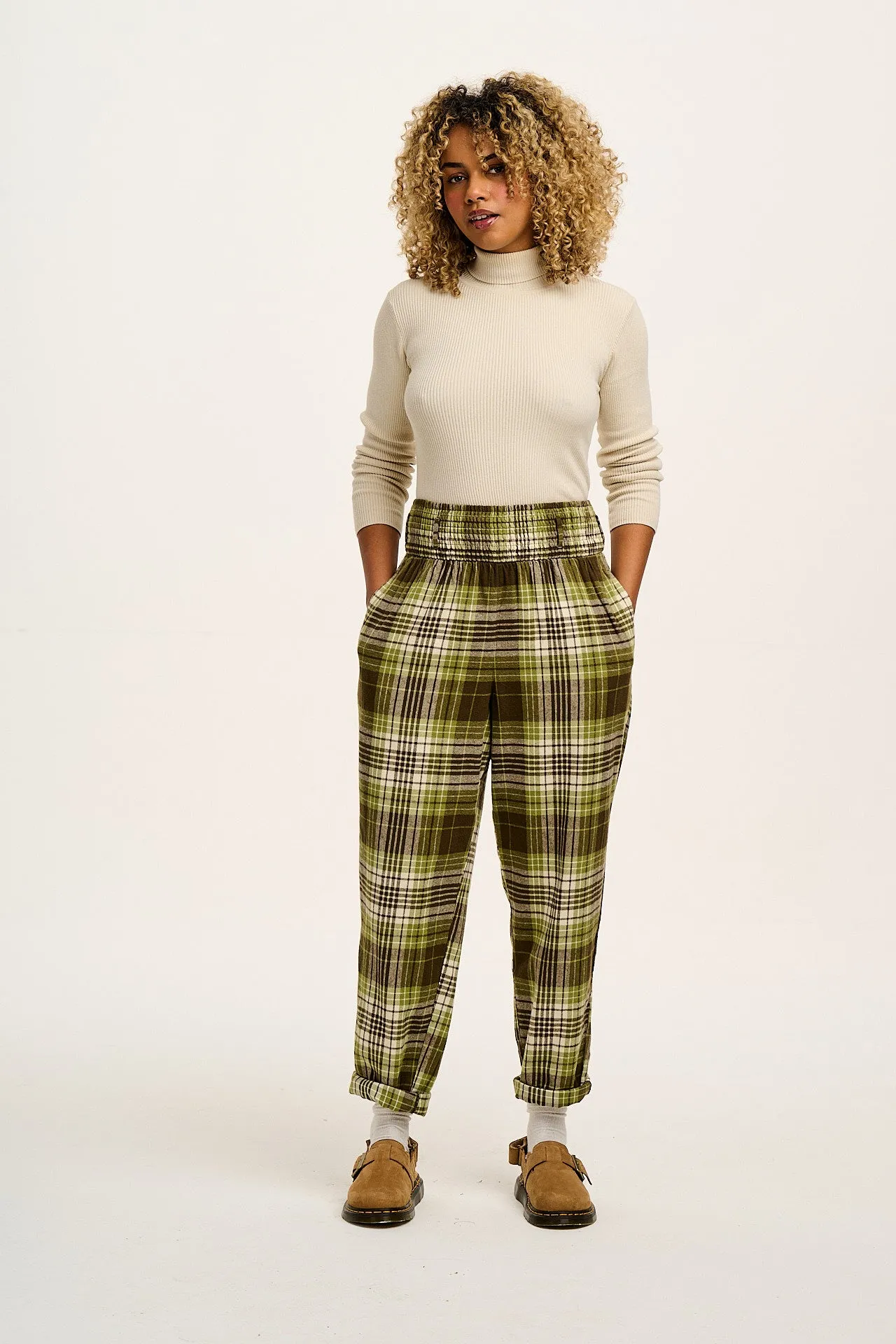 Alexa - Brushed Cotton Trousers in Green Forest Tartan