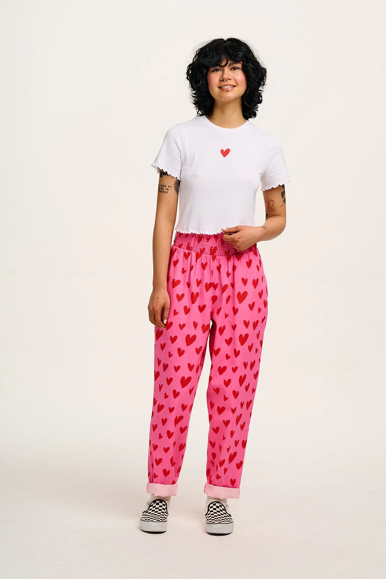 Alexa - Cotton Trousers in Pink Heart Cupid Print