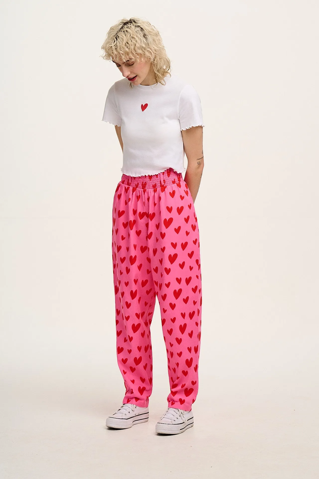 Alexa - Cotton Trousers in Pink Heart Cupid Print