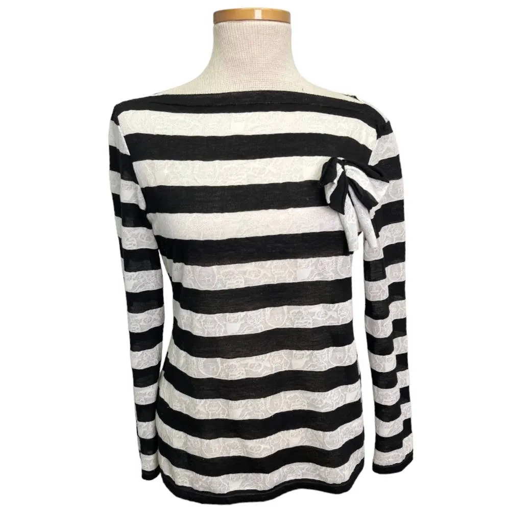 Anne Fontaine France Naura Striped Lace Embellished Top Shirt Size L Black White