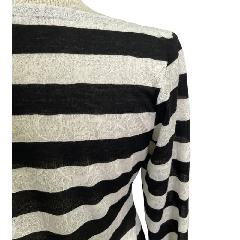 Anne Fontaine France Naura Striped Lace Embellished Top Shirt Size L Black White