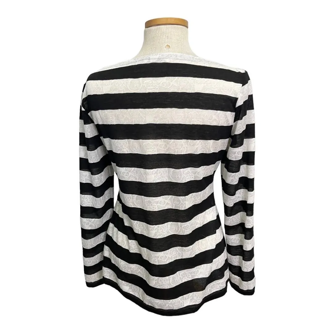Anne Fontaine France Naura Striped Lace Embellished Top Shirt Size L Black White