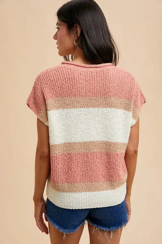 Blush & Cream Color Block Textured Sweater Top