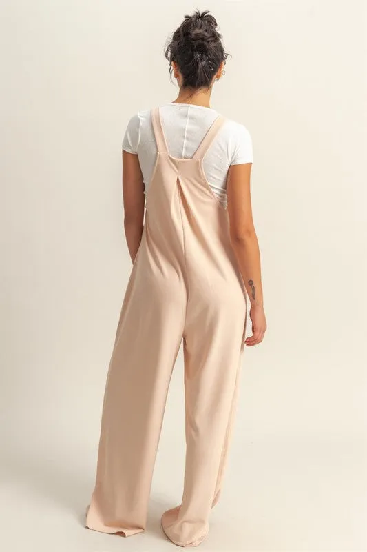 Blush Pleated Wide-Leg Overalls with Front Pocket