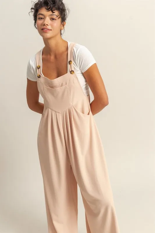 Blush Pleated Wide-Leg Overalls with Front Pocket