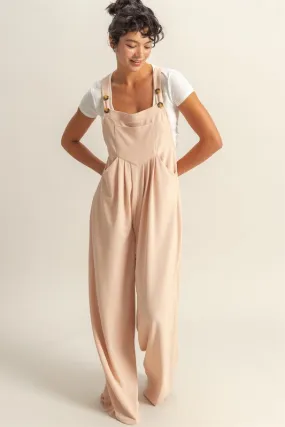Blush Pleated Wide-Leg Overalls with Front Pocket