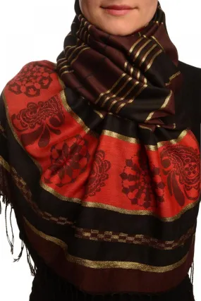Chocolate Brown Stripes & Gold Lurex Pashmina With Tassels Chocolate Brown Stripes & Gold Lurex Pashmina With Tassels