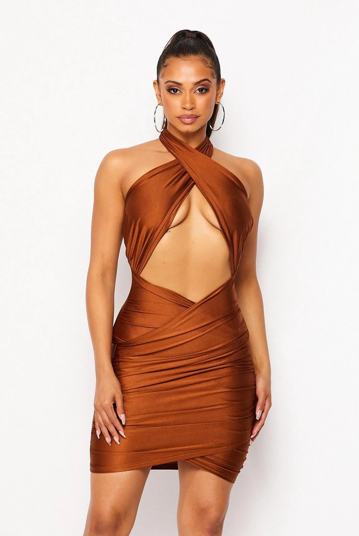 In Control....Halter Neck Tie Mid Cut Out Mini Dress