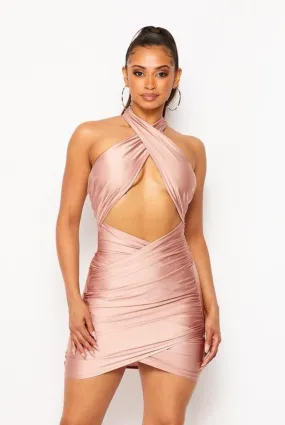 In Control....Halter Neck Tie Mid Cut Out Mini Dress