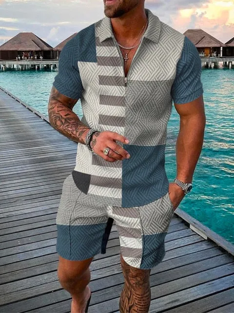 Summer Mens Polo Shirts with Short Sleeve 3D Trend Luxury Golf T Shirt Black Faashion Blouse Short Pants Tracksuit 2 Pieces Sets