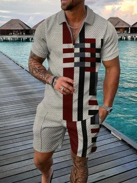 Summer Mens Polo Shirts with Short Sleeve 3D Trend Luxury Golf T Shirt Black Faashion Blouse Short Pants Tracksuit 2 Pieces Sets