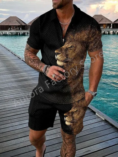 Summer Mens Polo Shirts with Short Sleeve 3D Trend Luxury Golf T Shirt Black Faashion Blouse Short Pants Tracksuit 2 Pieces Sets
