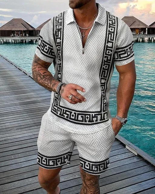 Summer Mens Polo Shirts with Short Sleeve 3D Trend Luxury Golf T Shirt Black Faashion Blouse Short Pants Tracksuit 2 Pieces Sets