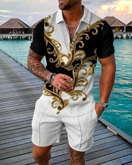 Summer Mens Polo Shirts with Short Sleeve 3D Trend Luxury Golf T Shirt Black Faashion Blouse Short Pants Tracksuit 2 Pieces Sets