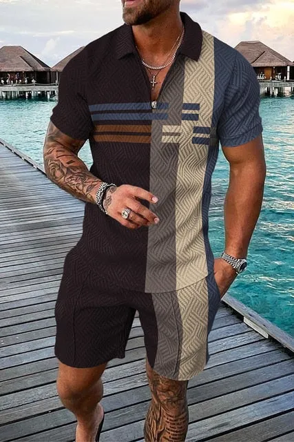 Summer Mens Polo Shirts with Short Sleeve 3D Trend Luxury Golf T Shirt Black Faashion Blouse Short Pants Tracksuit 2 Pieces Sets