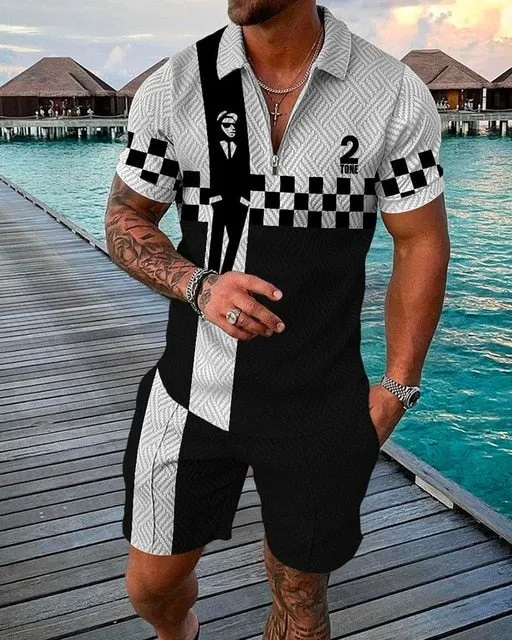 Summer Mens Polo Shirts with Short Sleeve 3D Trend Luxury Golf T Shirt Black Faashion Blouse Short Pants Tracksuit 2 Pieces Sets