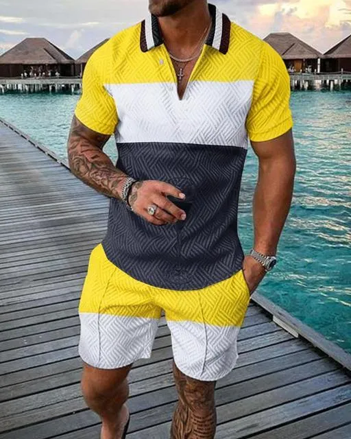 Summer Mens Polo Shirts with Short Sleeve 3D Trend Luxury Golf T Shirt Black Faashion Blouse Short Pants Tracksuit 2 Pieces Sets