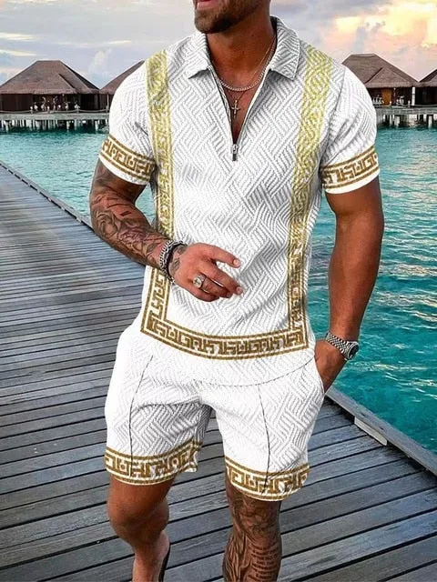 Summer Mens Polo Shirts with Short Sleeve 3D Trend Luxury Golf T Shirt Black Faashion Blouse Short Pants Tracksuit 2 Pieces Sets