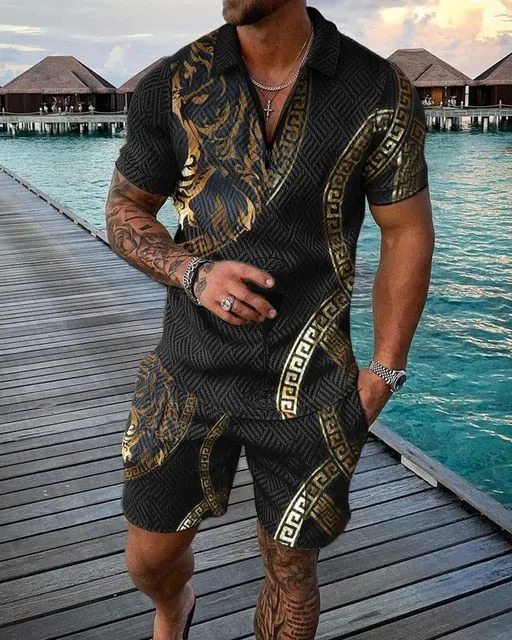 Summer Mens Polo Shirts with Short Sleeve 3D Trend Luxury Golf T Shirt Black Faashion Blouse Short Pants Tracksuit 2 Pieces Sets