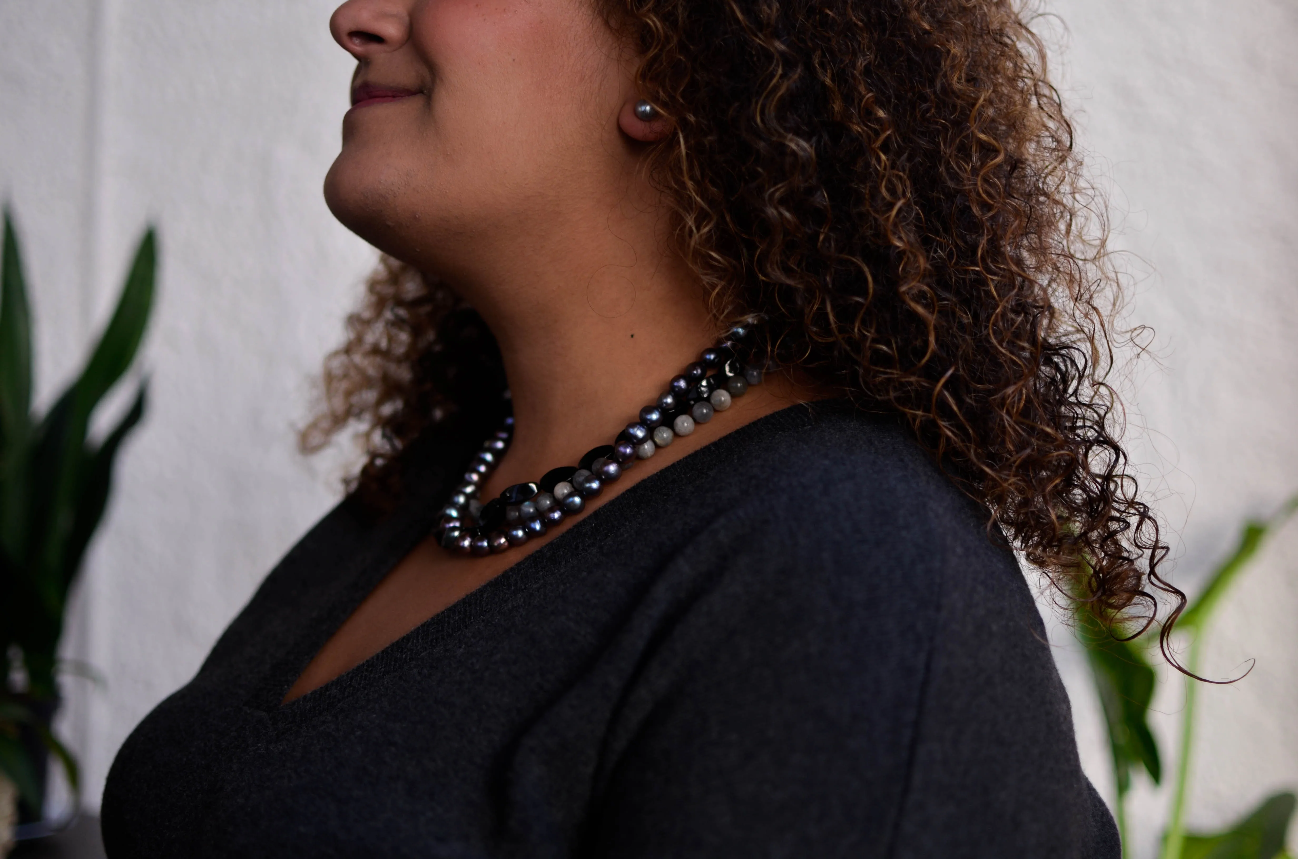 Triple Strand Blue and Grey Necklace